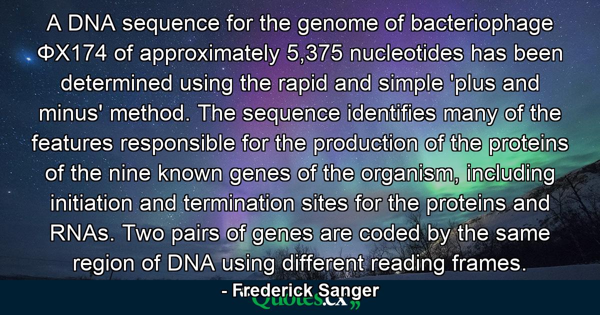 A DNA sequence for the genome of bacteriophage ΦX174 of approximately 5,375 nucleotides has been determined using the rapid and simple 'plus and minus' method. The sequence identifies many of the features responsible for the production of the proteins of the nine known genes of the organism, including initiation and termination sites for the proteins and RNAs. Two pairs of genes are coded by the same region of DNA using different reading frames. - Quote by Frederick Sanger