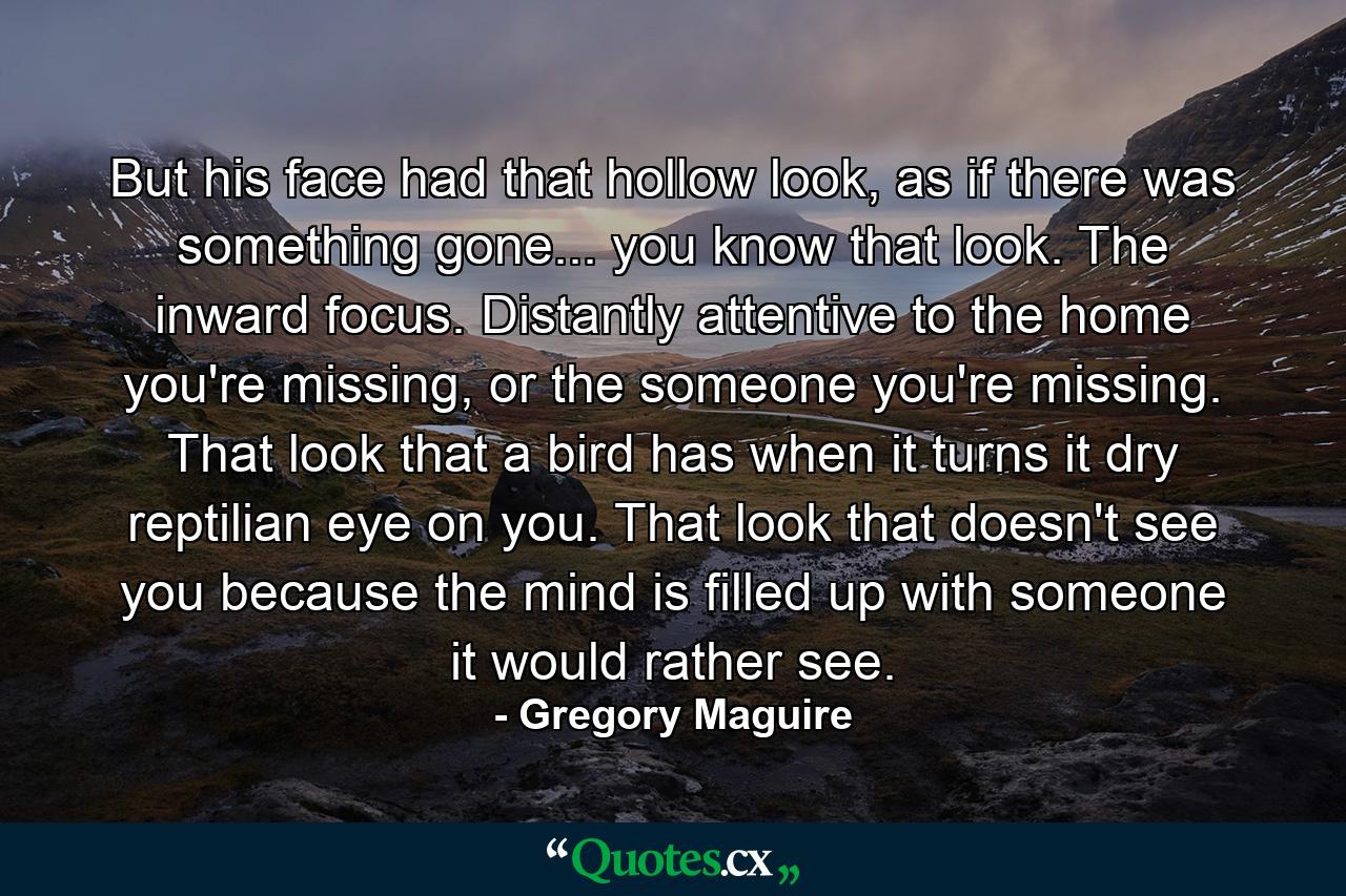 But his face had that hollow look, as if there was something gone... you know that look. The inward focus. Distantly attentive to the home you're missing, or the someone you're missing. That look that a bird has when it turns it dry reptilian eye on you. That look that doesn't see you because the mind is filled up with someone it would rather see. - Quote by Gregory Maguire