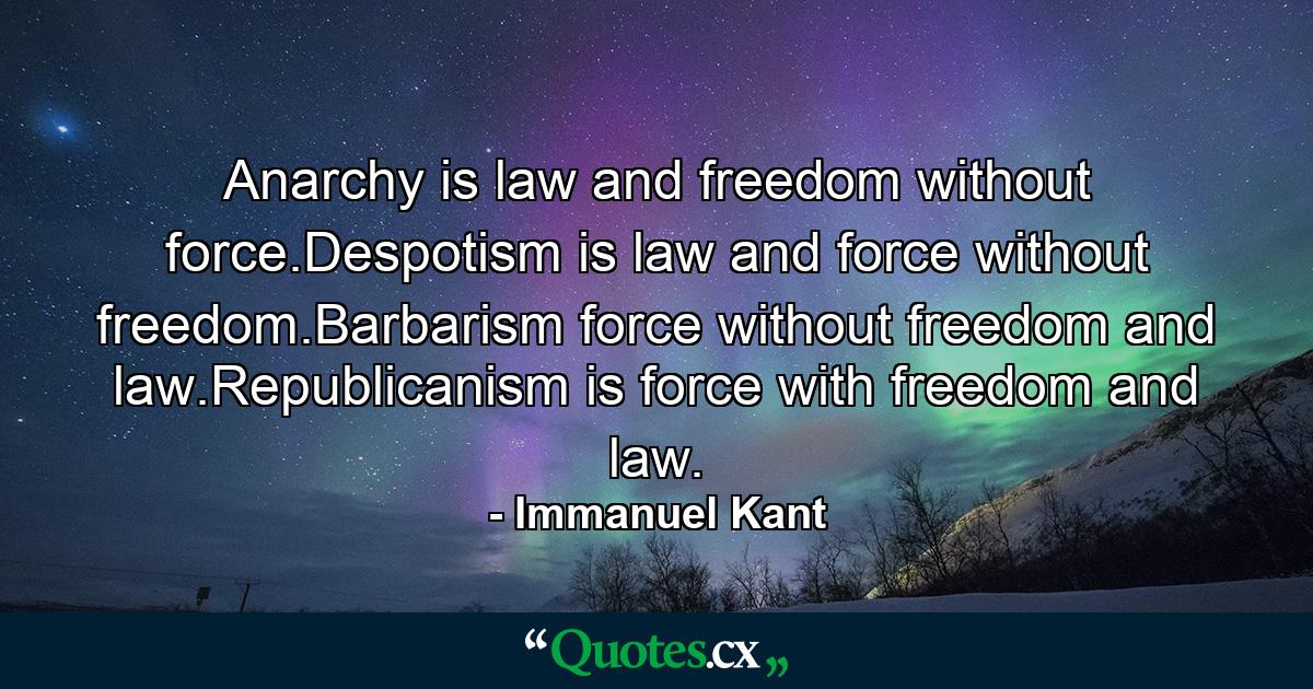 Anarchy is law and freedom without force.Despotism is law and force without freedom.Barbarism force without freedom and law.Republicanism is force with freedom and law. - Quote by Immanuel Kant