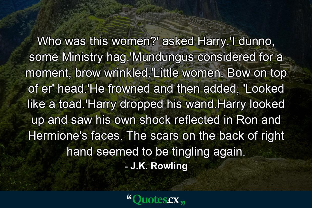 Who was this women?' asked Harry.'I dunno, some Ministry hag.'Mundungus considered for a moment, brow wrinkled.'Little women. Bow on top of er' head.'He frowned and then added, 'Looked like a toad.'Harry dropped his wand.Harry looked up and saw his own shock reflected in Ron and Hermione's faces. The scars on the back of right hand seemed to be tingling again. - Quote by J.K. Rowling