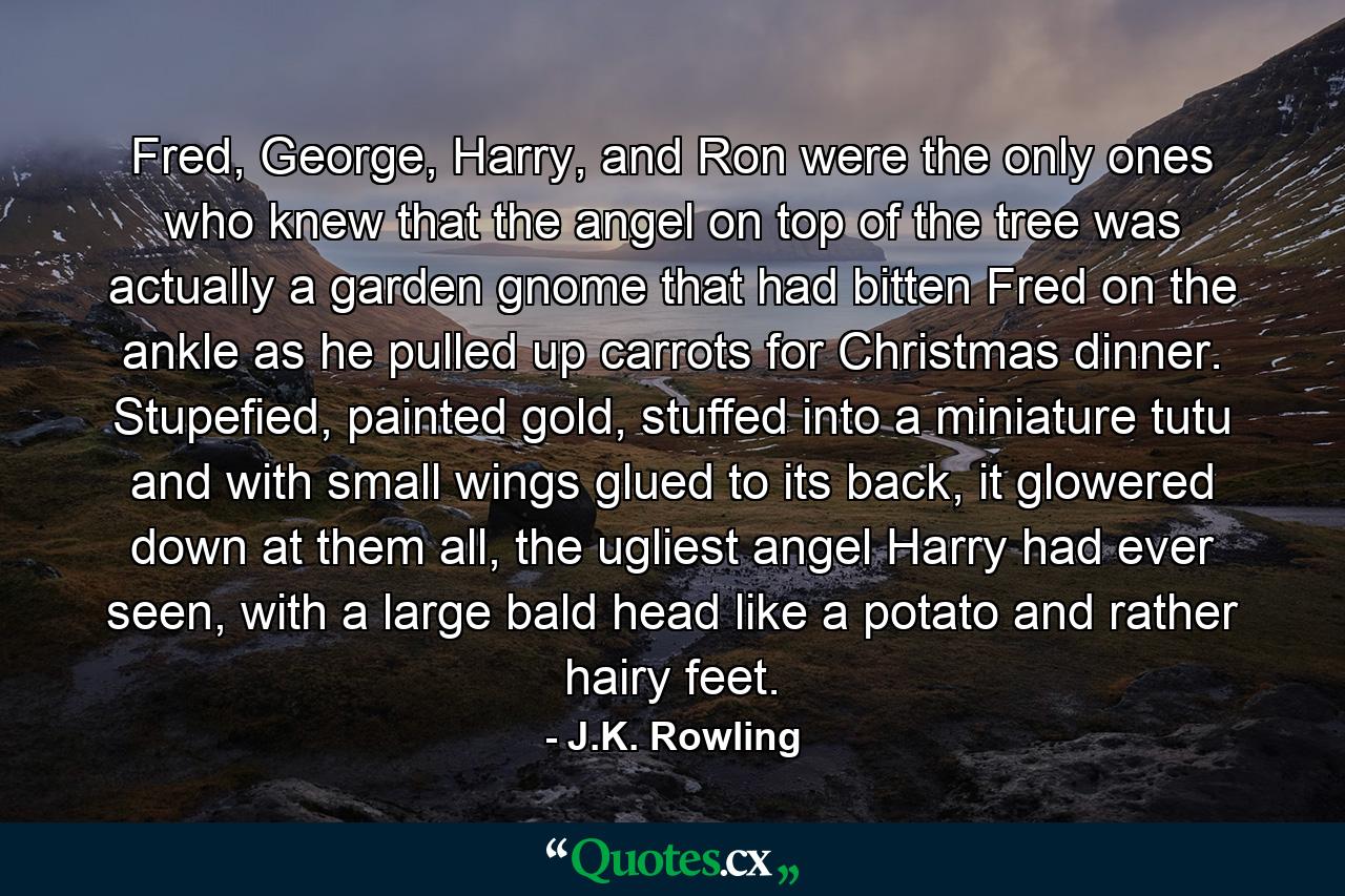 Fred, George, Harry, and Ron were the only ones who knew that the angel on top of the tree was actually a garden gnome that had bitten Fred on the ankle as he pulled up carrots for Christmas dinner. Stupefied, painted gold, stuffed into a miniature tutu and with small wings glued to its back, it glowered down at them all, the ugliest angel Harry had ever seen, with a large bald head like a potato and rather hairy feet. - Quote by J.K. Rowling