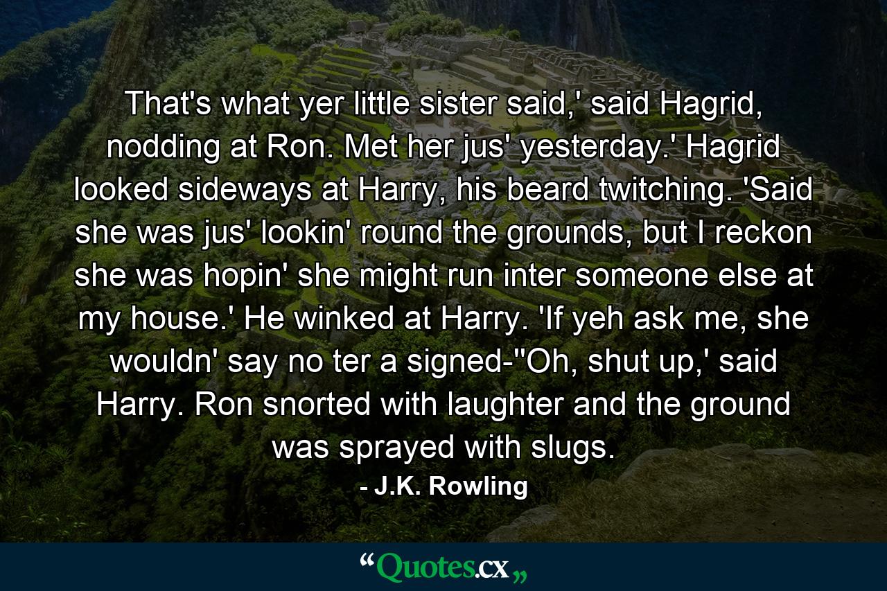 That's what yer little sister said,' said Hagrid, nodding at Ron. Met her jus' yesterday.' Hagrid looked sideways at Harry, his beard twitching. 'Said she was jus' lookin' round the grounds, but I reckon she was hopin' she might run inter someone else at my house.' He winked at Harry. 'If yeh ask me, she wouldn' say no ter a signed-''Oh, shut up,' said Harry. Ron snorted with laughter and the ground was sprayed with slugs. - Quote by J.K. Rowling