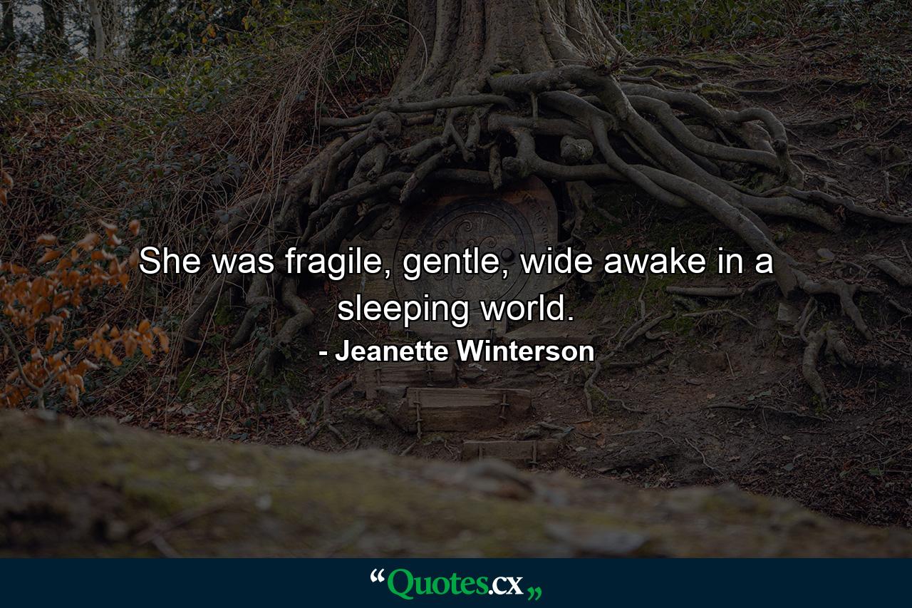 She was fragile, gentle, wide awake in a sleeping world. - Quote by Jeanette Winterson