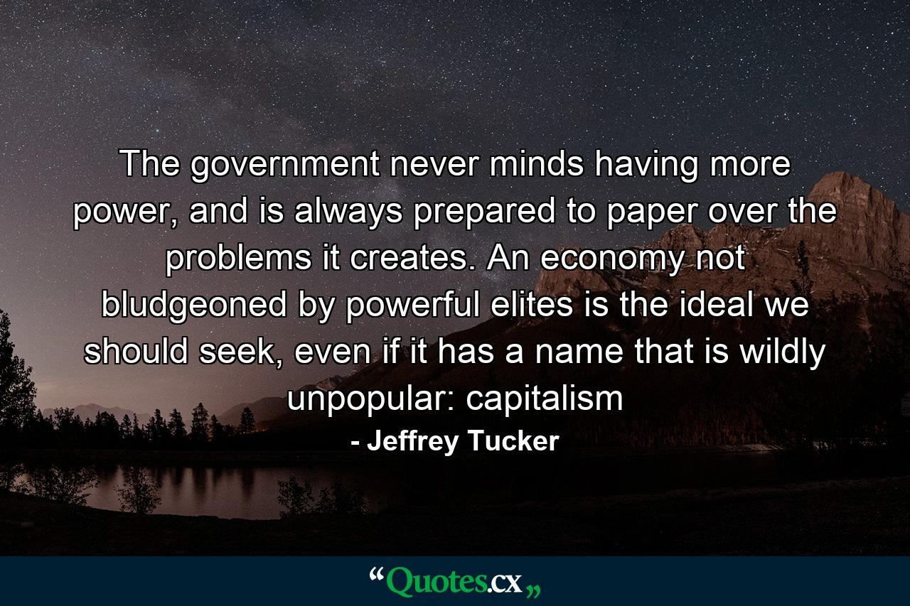 The government never minds having more power, and is always prepared to paper over the problems it creates. An economy not bludgeoned by powerful elites is the ideal we should seek, even if it has a name that is wildly unpopular: capitalism - Quote by Jeffrey Tucker