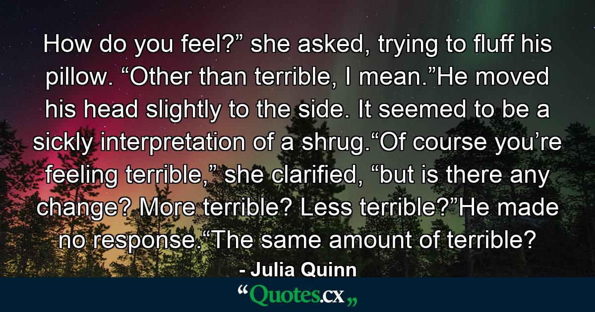 How do you feel?” she asked, trying to fluff his pillow. “Other than terrible, I mean.”He moved his head slightly to the side. It seemed to be a sickly interpretation of a shrug.“Of course you’re feeling terrible,” she clarified, “but is there any change? More terrible? Less terrible?”He made no response.“The same amount of terrible? - Quote by Julia Quinn