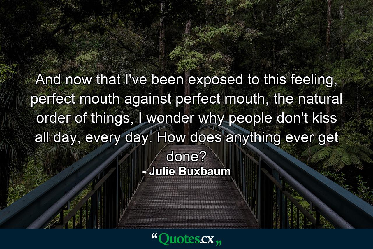 And now that I've been exposed to this feeling, perfect mouth against perfect mouth, the natural order of things, I wonder why people don't kiss all day, every day. How does anything ever get done? - Quote by Julie Buxbaum