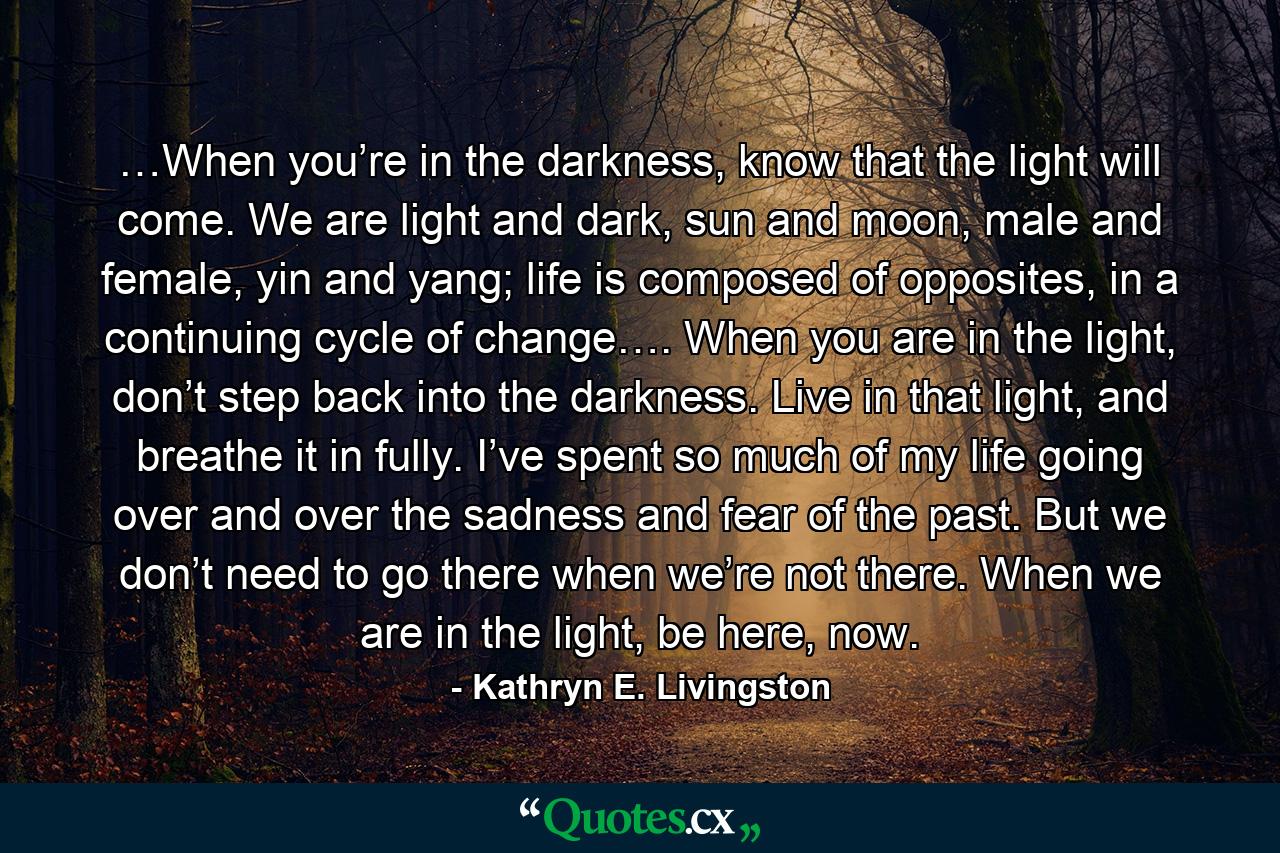 …When you’re in the darkness, know that the light will come. We are light and dark, sun and moon, male and female, yin and yang; life is composed of opposites, in a continuing cycle of change…. When you are in the light, don’t step back into the darkness. Live in that light, and breathe it in fully. I’ve spent so much of my life going over and over the sadness and fear of the past. But we don’t need to go there when we’re not there. When we are in the light, be here, now. - Quote by Kathryn E. Livingston