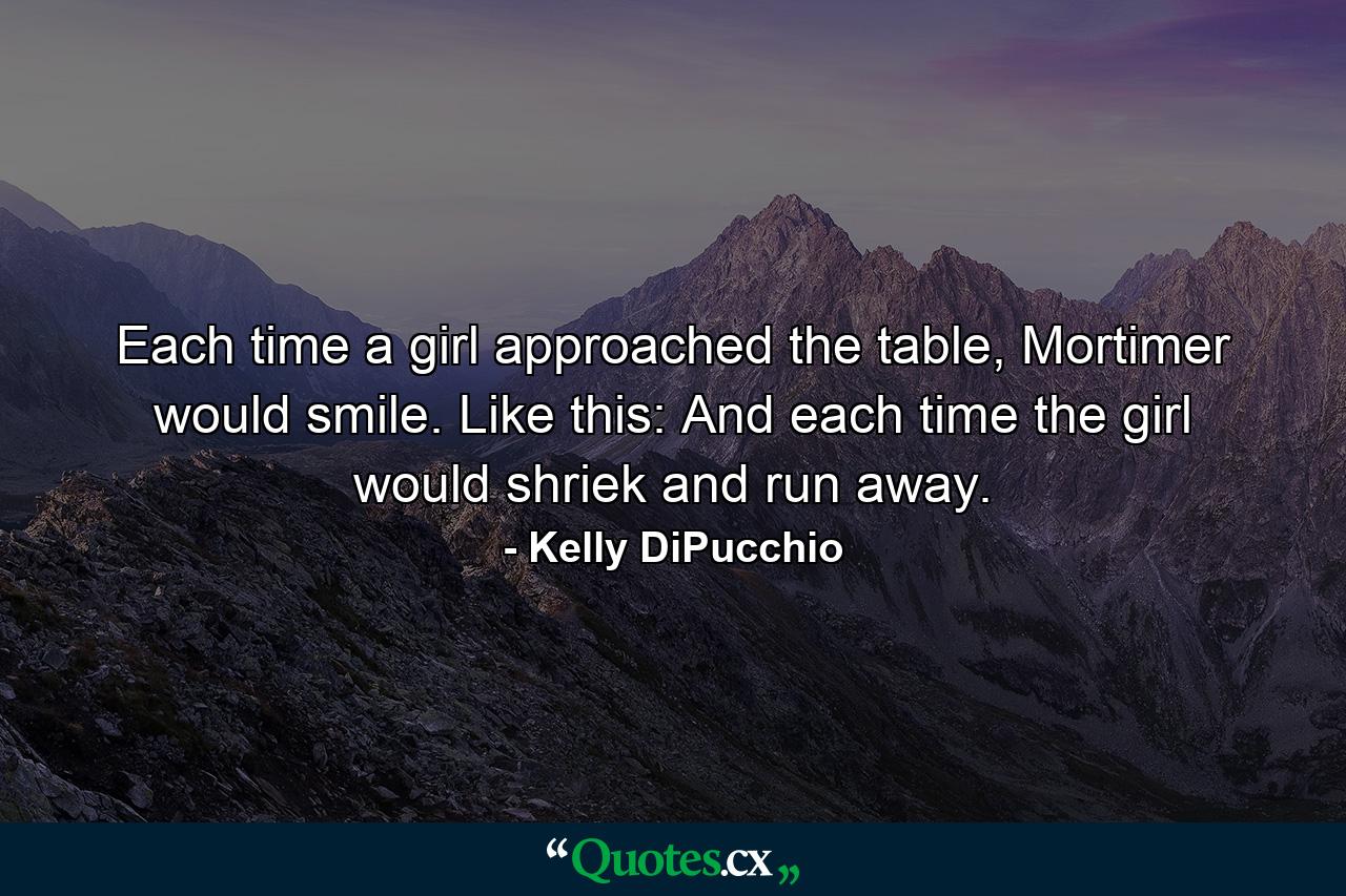 Each time a girl approached the table, Mortimer would smile. Like this: And each time the girl would shriek and run away. - Quote by Kelly DiPucchio