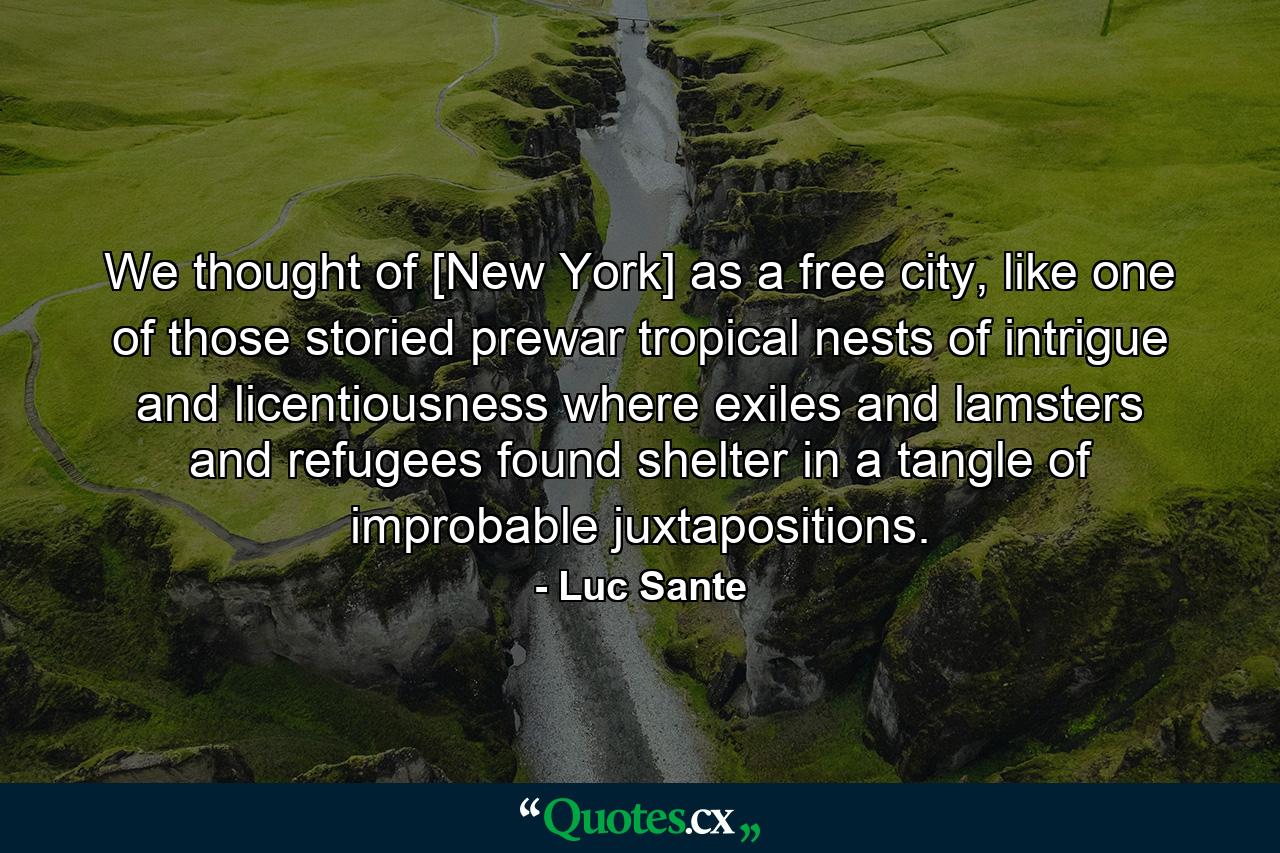 We thought of [New York] as a free city, like one of those storied prewar tropical nests of intrigue and licentiousness where exiles and lamsters and refugees found shelter in a tangle of improbable juxtapositions. - Quote by Luc Sante