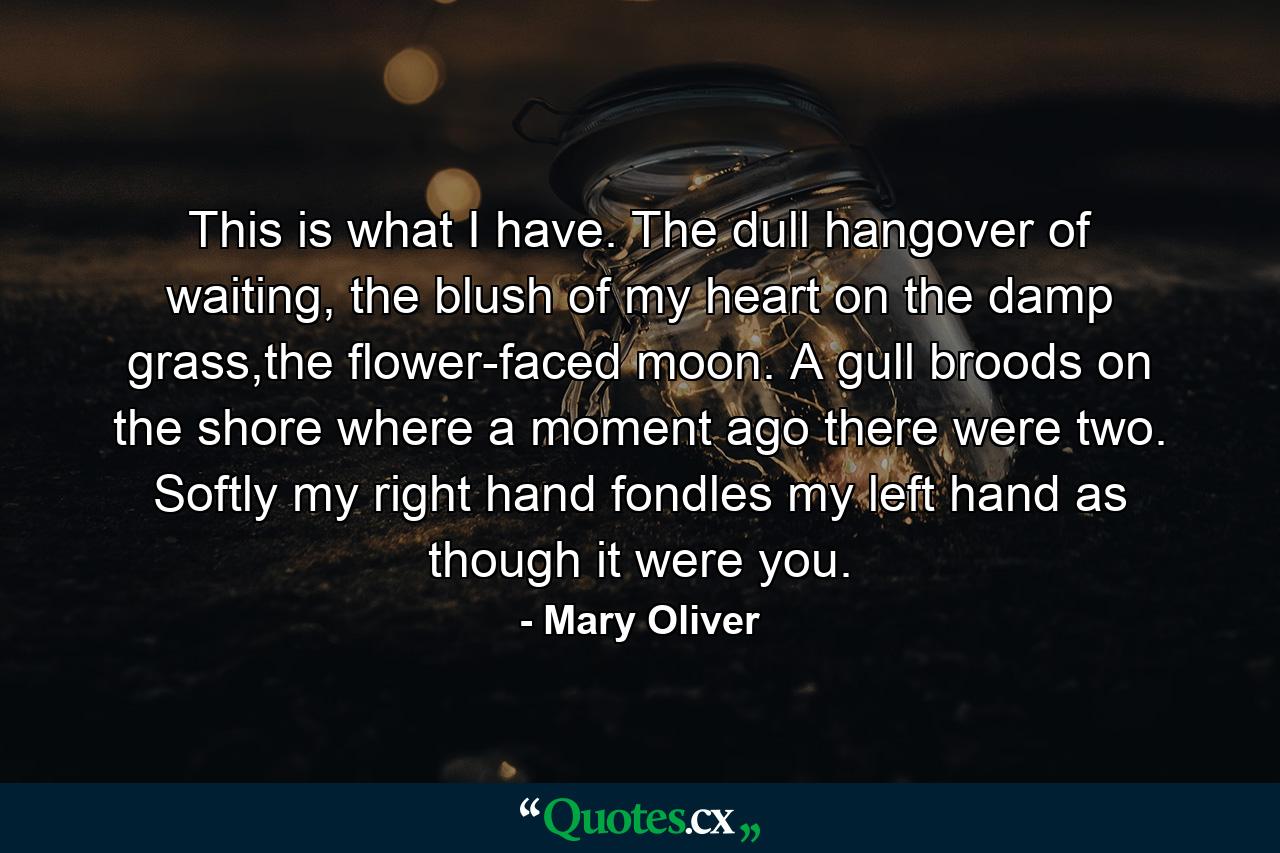 This is what I have. The dull hangover of waiting, the blush of my heart on the damp grass,the flower-faced moon. A gull broods on the shore where a moment ago there were two. Softly my right hand fondles my left hand as though it were you. - Quote by Mary Oliver