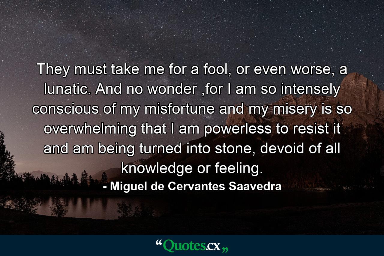 They must take me for a fool, or even worse, a lunatic. And no wonder ,for I am so intensely conscious of my misfortune and my misery is so overwhelming that I am powerless to resist it and am being turned into stone, devoid of all knowledge or feeling. - Quote by Miguel de Cervantes Saavedra