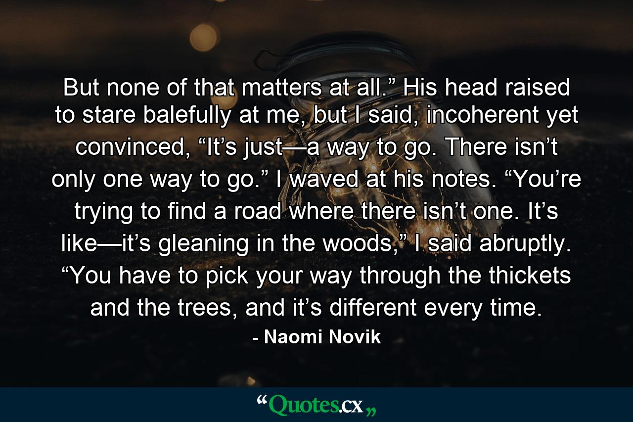 But none of that matters at all.” His head raised to stare balefully at me, but I said, incoherent yet convinced, “It’s just—a way to go. There isn’t only one way to go.” I waved at his notes. “You’re trying to find a road where there isn’t one. It’s like—it’s gleaning in the woods,” I said abruptly. “You have to pick your way through the thickets and the trees, and it’s different every time. - Quote by Naomi Novik