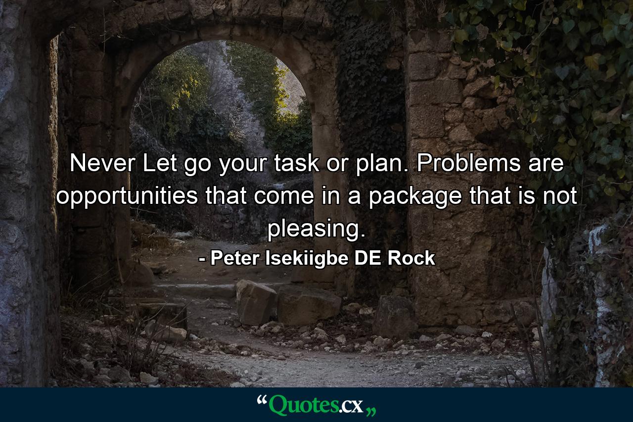 Never Let go your task or plan. Problems are opportunities that come in a package that is not pleasing. - Quote by Peter Isekiigbe DE Rock