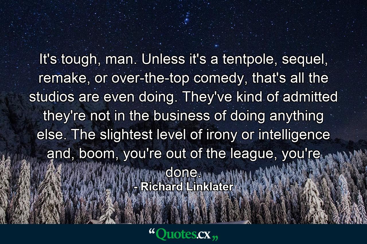 It's tough, man. Unless it's a tentpole, sequel, remake, or over-the-top comedy, that's all the studios are even doing. They've kind of admitted they're not in the business of doing anything else. The slightest level of irony or intelligence and, boom, you're out of the league, you're done. - Quote by Richard Linklater