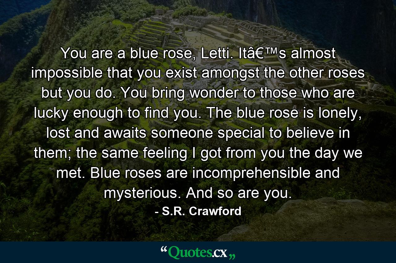 You are a blue rose, Letti. Itâ€™s almost impossible that you exist amongst the other roses but you do. You bring wonder to those who are lucky enough to find you. The blue rose is lonely, lost and awaits someone special to believe in them; the same feeling I got from you the day we met. Blue roses are incomprehensible and mysterious. And so are you. - Quote by S.R. Crawford