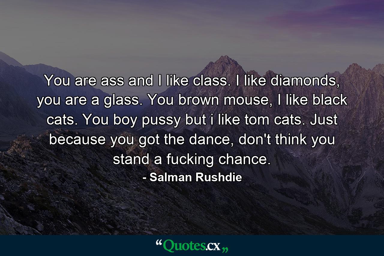 You are ass and I like class. I like diamonds, you are a glass. You brown mouse, I like black cats. You boy pussy but i like tom cats. Just because you got the dance, don't think you stand a fucking chance. - Quote by Salman Rushdie