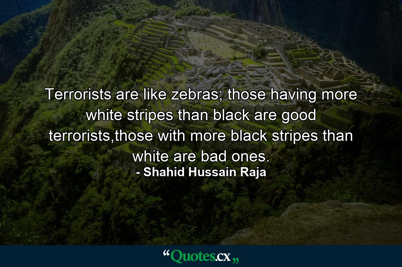 Terrorists are like zebras; those having more white stripes than black are good terrorists,those with more black stripes than white are bad ones. - Quote by Shahid Hussain Raja