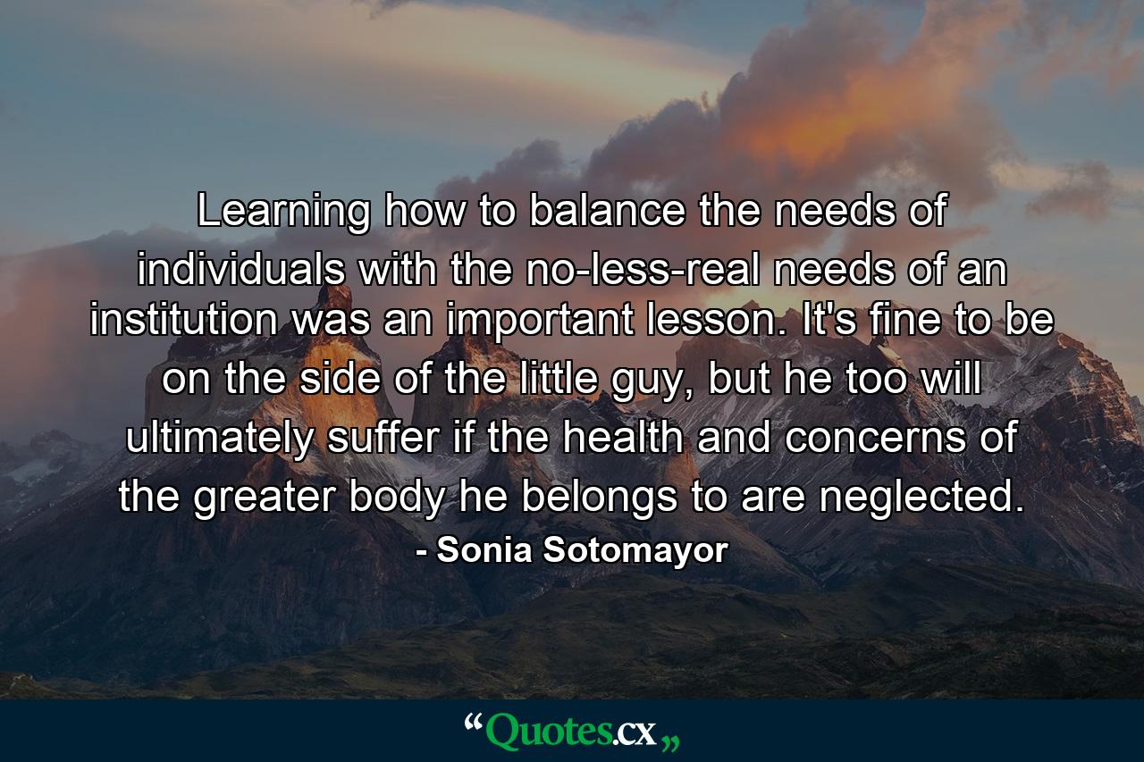 Learning how to balance the needs of individuals with the no-less-real needs of an institution was an important lesson. It's fine to be on the side of the little guy, but he too will ultimately suffer if the health and concerns of the greater body he belongs to are neglected. - Quote by Sonia Sotomayor