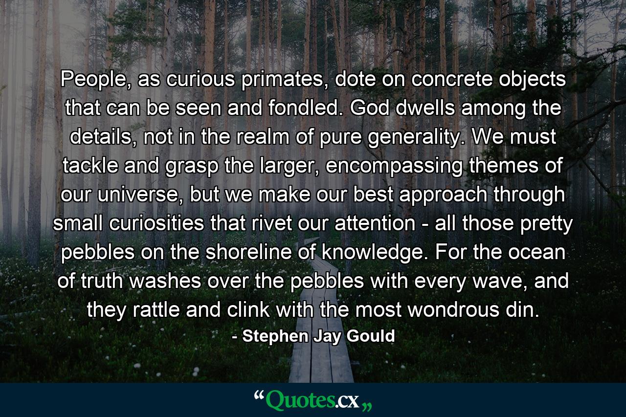 People, as curious primates, dote on concrete objects that can be seen and fondled. God dwells among the details, not in the realm of pure generality. We must tackle and grasp the larger, encompassing themes of our universe, but we make our best approach through small curiosities that rivet our attention - all those pretty pebbles on the shoreline of knowledge. For the ocean of truth washes over the pebbles with every wave, and they rattle and clink with the most wondrous din. - Quote by Stephen Jay Gould