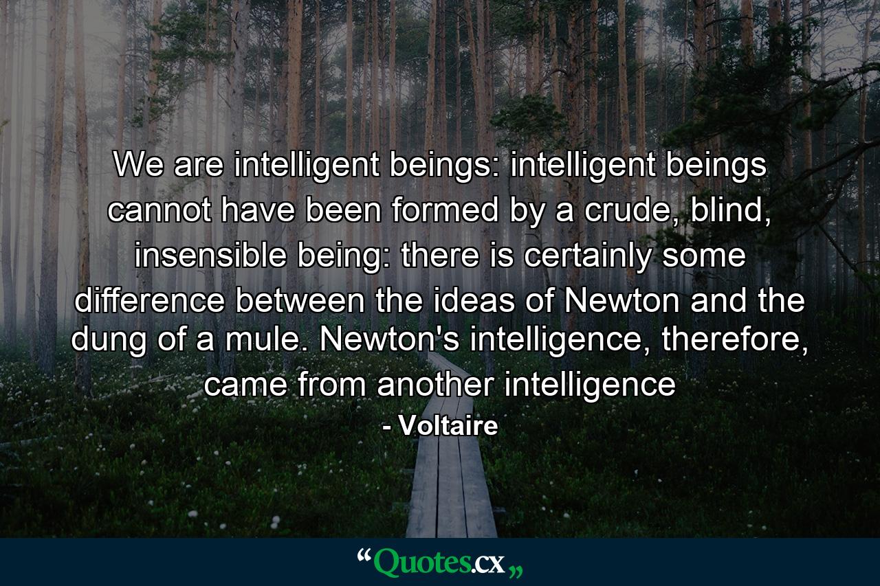 We are intelligent beings: intelligent beings cannot have been formed by a crude, blind, insensible being: there is certainly some difference between the ideas of Newton and the dung of a mule. Newton's intelligence, therefore, came from another intelligence - Quote by Voltaire