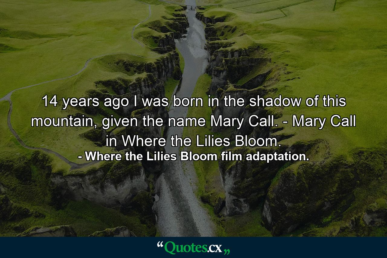 14 years ago I was born in the shadow of this mountain, given the name Mary Call. - Mary Call in Where the Lilies Bloom. - Quote by Where the Lilies Bloom film adaptation.