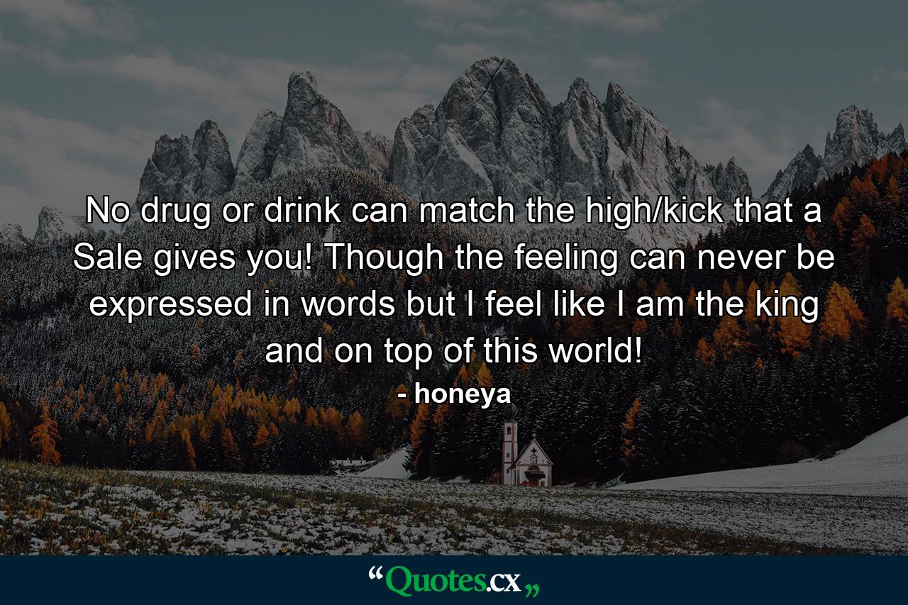 No drug or drink can match the high/kick that a Sale gives you! Though the feeling can never be expressed in words but I feel like I am the king and on top of this world! - Quote by honeya