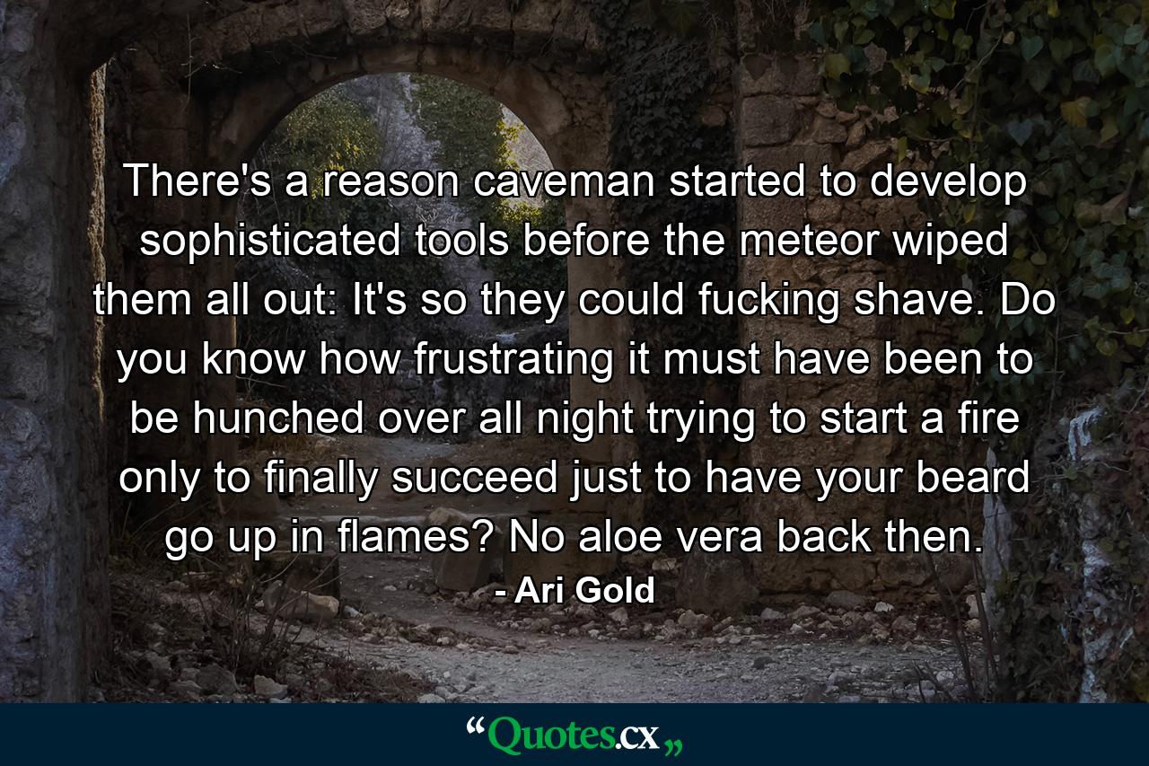 There's a reason caveman started to develop sophisticated tools before the meteor wiped them all out: It's so they could fucking shave. Do you know how frustrating it must have been to be hunched over all night trying to start a fire only to finally succeed just to have your beard go up in flames? No aloe vera back then. - Quote by Ari Gold