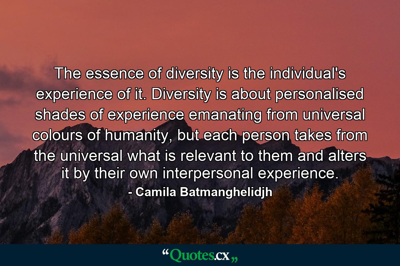 The essence of diversity is the individual's experience of it. Diversity is about personalised shades of experience emanating from universal colours of humanity, but each person takes from the universal what is relevant to them and alters it by their own interpersonal experience. - Quote by Camila Batmanghelidjh