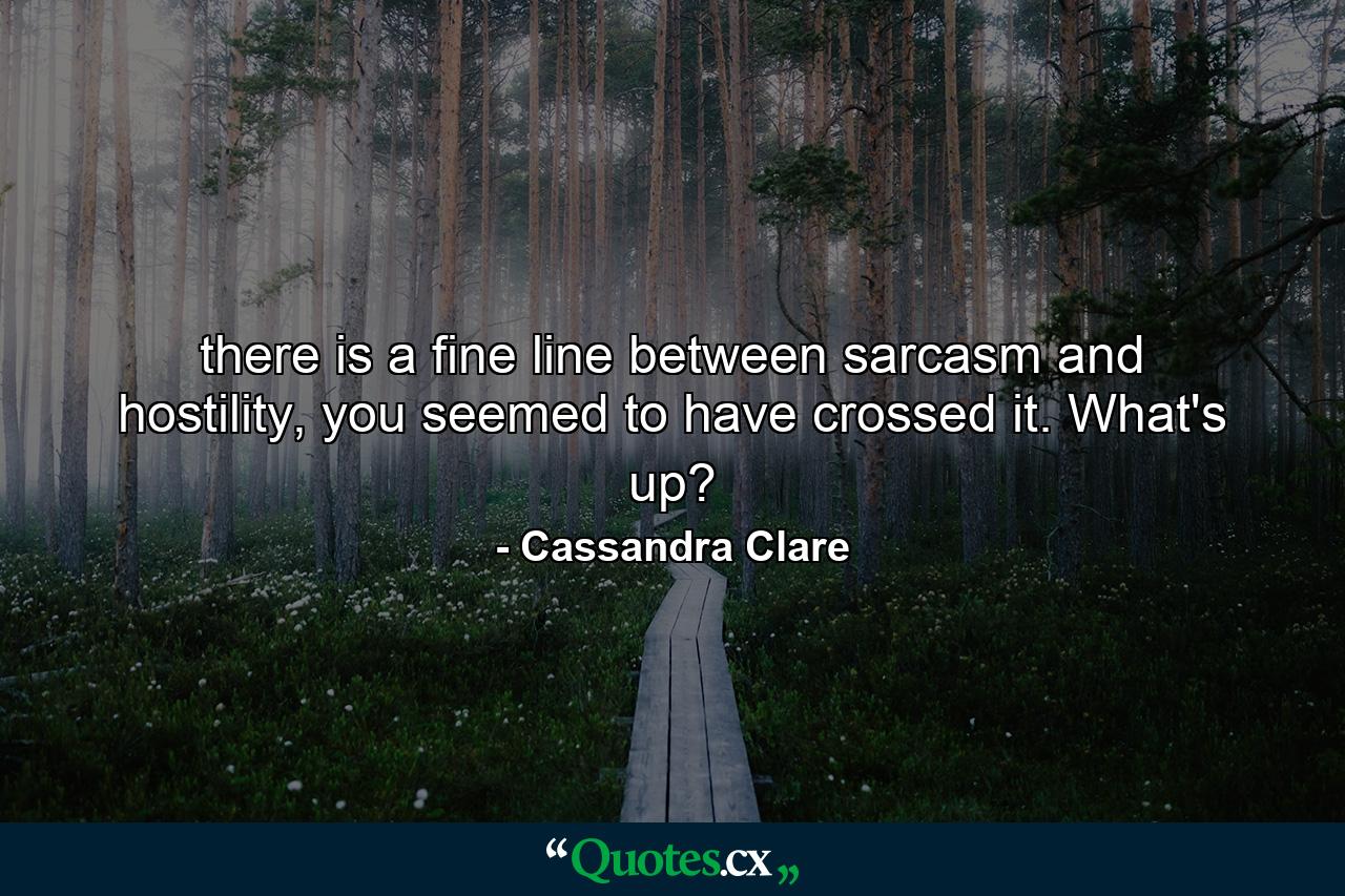 there is a fine line between sarcasm and hostility, you seemed to have crossed it. What's up? - Quote by Cassandra Clare