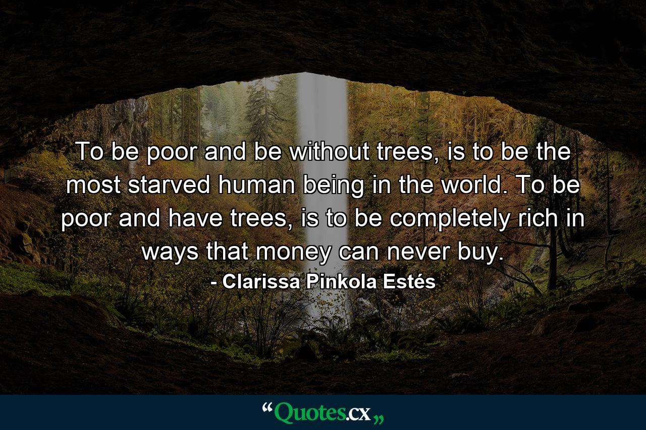 To be poor and be without trees, is to be the most starved human being in the world. To be poor and have trees, is to be completely rich in ways that money can never buy. - Quote by Clarissa Pinkola Estés