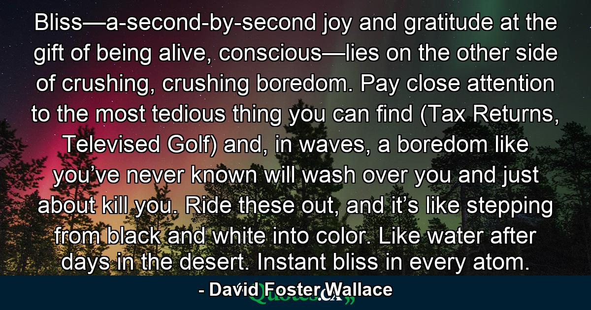 Bliss—a-second-by-second joy and gratitude at the gift of being alive, conscious—lies on the other side of crushing, crushing boredom. Pay close attention to the most tedious thing you can find (Tax Returns, Televised Golf) and, in waves, a boredom like you’ve never known will wash over you and just about kill you. Ride these out, and it’s like stepping from black and white into color. Like water after days in the desert. Instant bliss in every atom. - Quote by David Foster Wallace