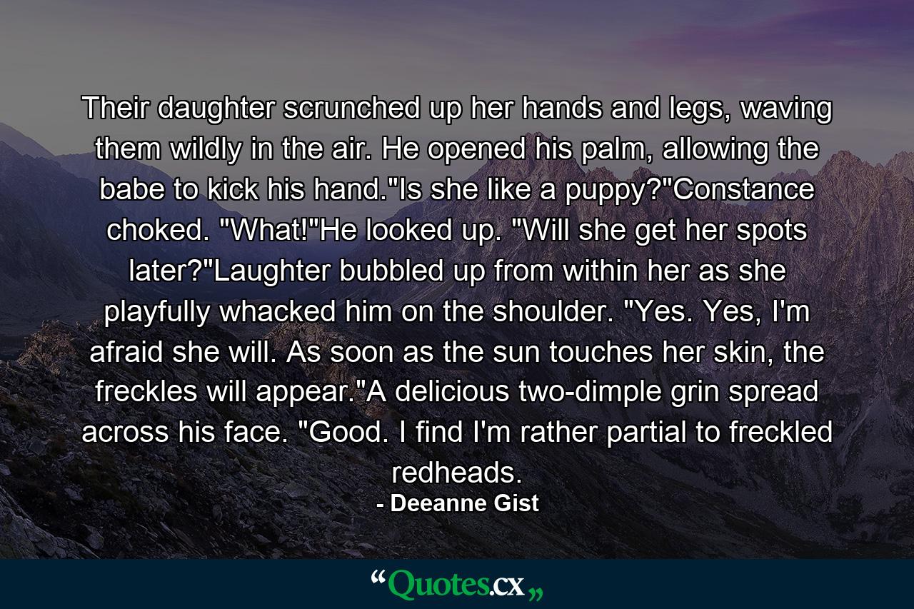 Their daughter scrunched up her hands and legs, waving them wildly in the air. He opened his palm, allowing the babe to kick his hand.