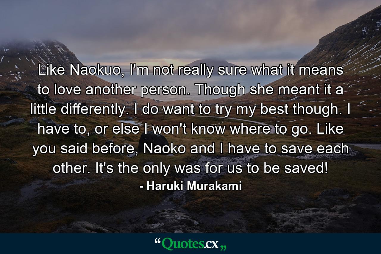 Like Naokuo, I'm not really sure what it means to love another person. Though she meant it a little differently. I do want to try my best though. I have to, or else I won't know where to go. Like you said before, Naoko and I have to save each other. It's the only was for us to be saved! - Quote by Haruki Murakami