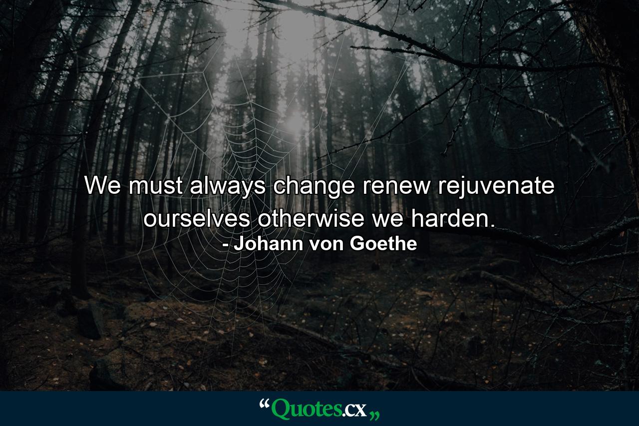 We must always change  renew  rejuvenate ourselves  otherwise we harden. - Quote by Johann von Goethe