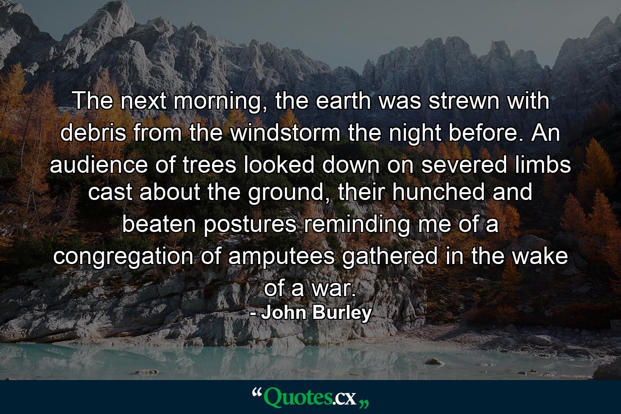 The next morning, the earth was strewn with debris from the windstorm the night before. An audience of trees looked down on severed limbs cast about the ground, their hunched and beaten postures reminding me of a congregation of amputees gathered in the wake of a war. - Quote by John Burley