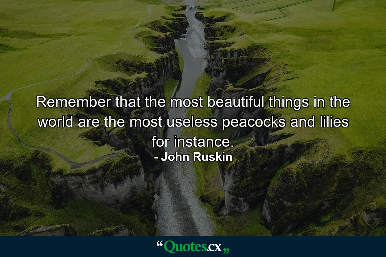 Remember that the most beautiful things in the world are the most useless  peacocks and lilies for instance. - Quote by John Ruskin