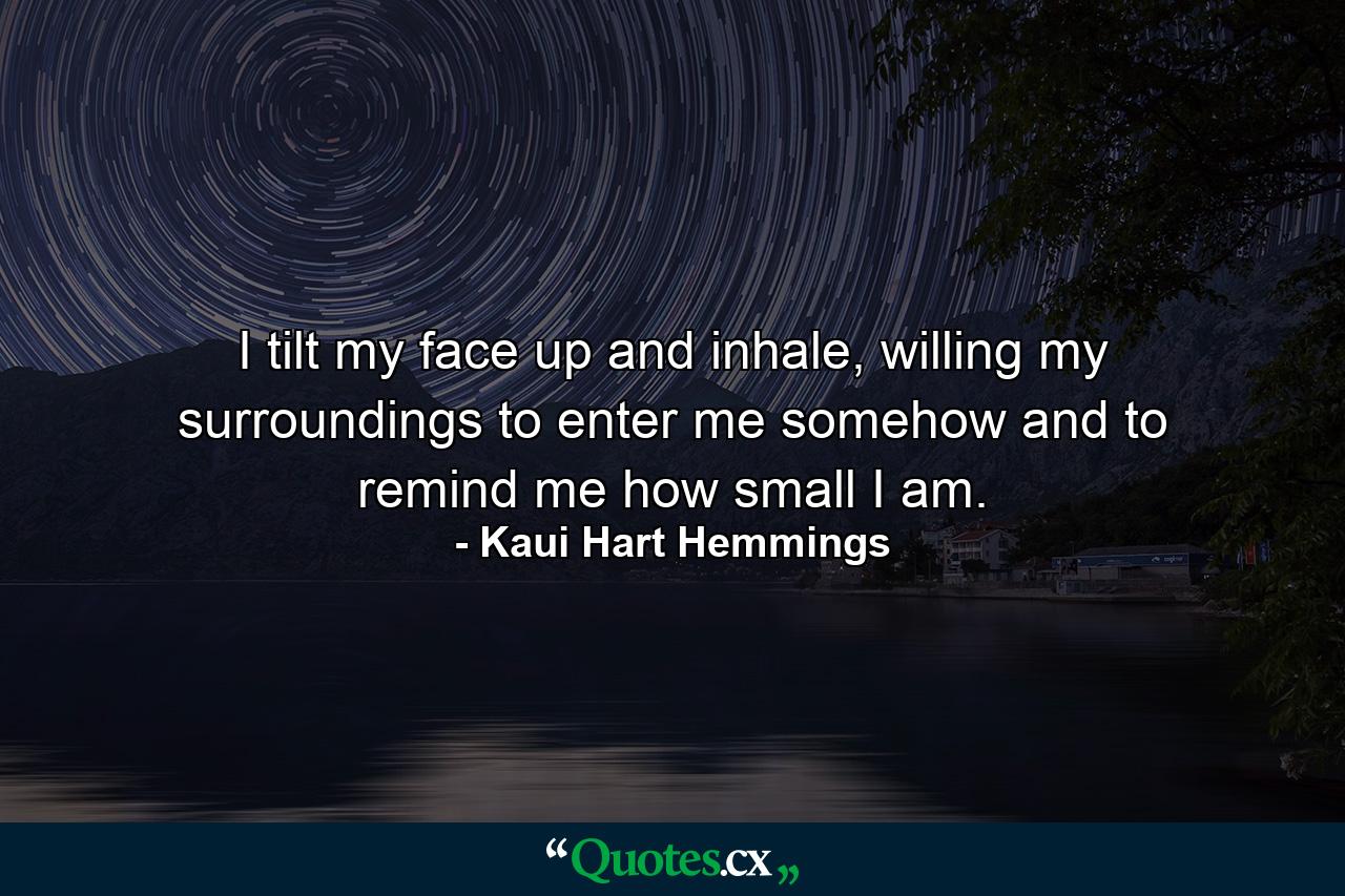 I tilt my face up and inhale, willing my surroundings to enter me somehow and to remind me how small I am. - Quote by Kaui Hart Hemmings