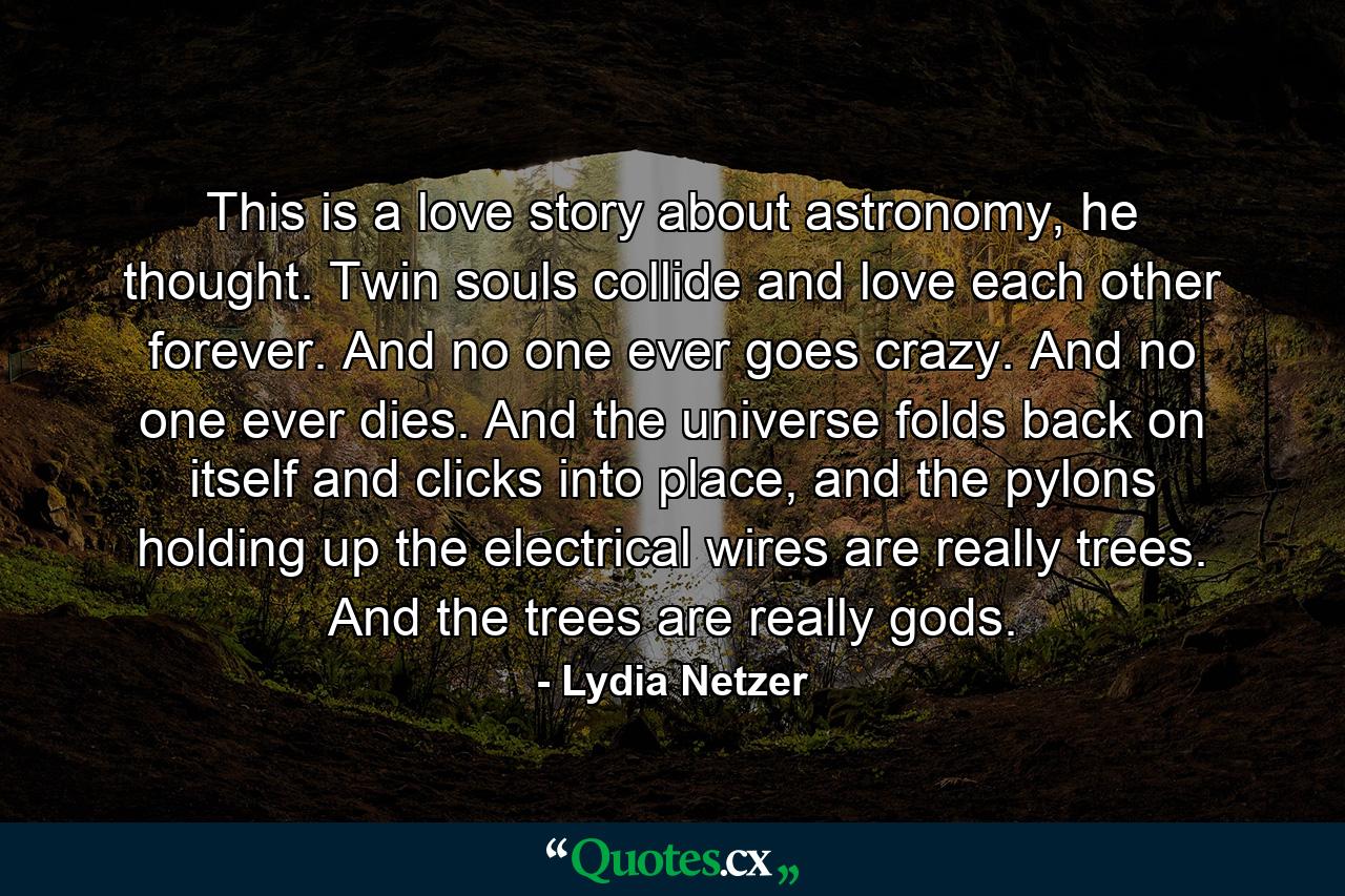 This is a love story about astronomy, he thought. Twin souls collide and love each other forever. And no one ever goes crazy. And no one ever dies. And the universe folds back on itself and clicks into place, and the pylons holding up the electrical wires are really trees. And the trees are really gods. - Quote by Lydia Netzer