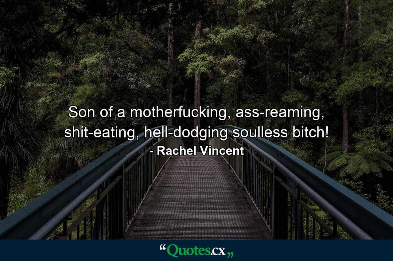 Son of a motherfucking, ass-reaming, shit-eating, hell-dodging soulless bitch! - Quote by Rachel Vincent