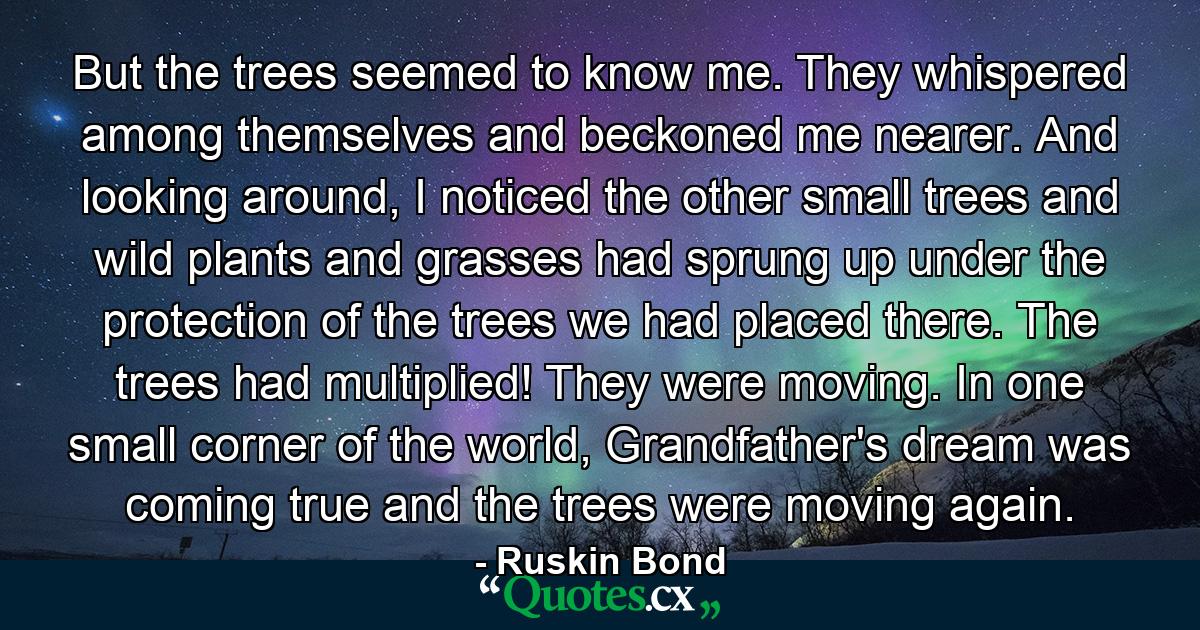 But the trees seemed to know me. They whispered among themselves and beckoned me nearer. And looking around, I noticed the other small trees and wild plants and grasses had sprung up under the protection of the trees we had placed there. The trees had multiplied! They were moving. In one small corner of the world, Grandfather's dream was coming true and the trees were moving again. - Quote by Ruskin Bond