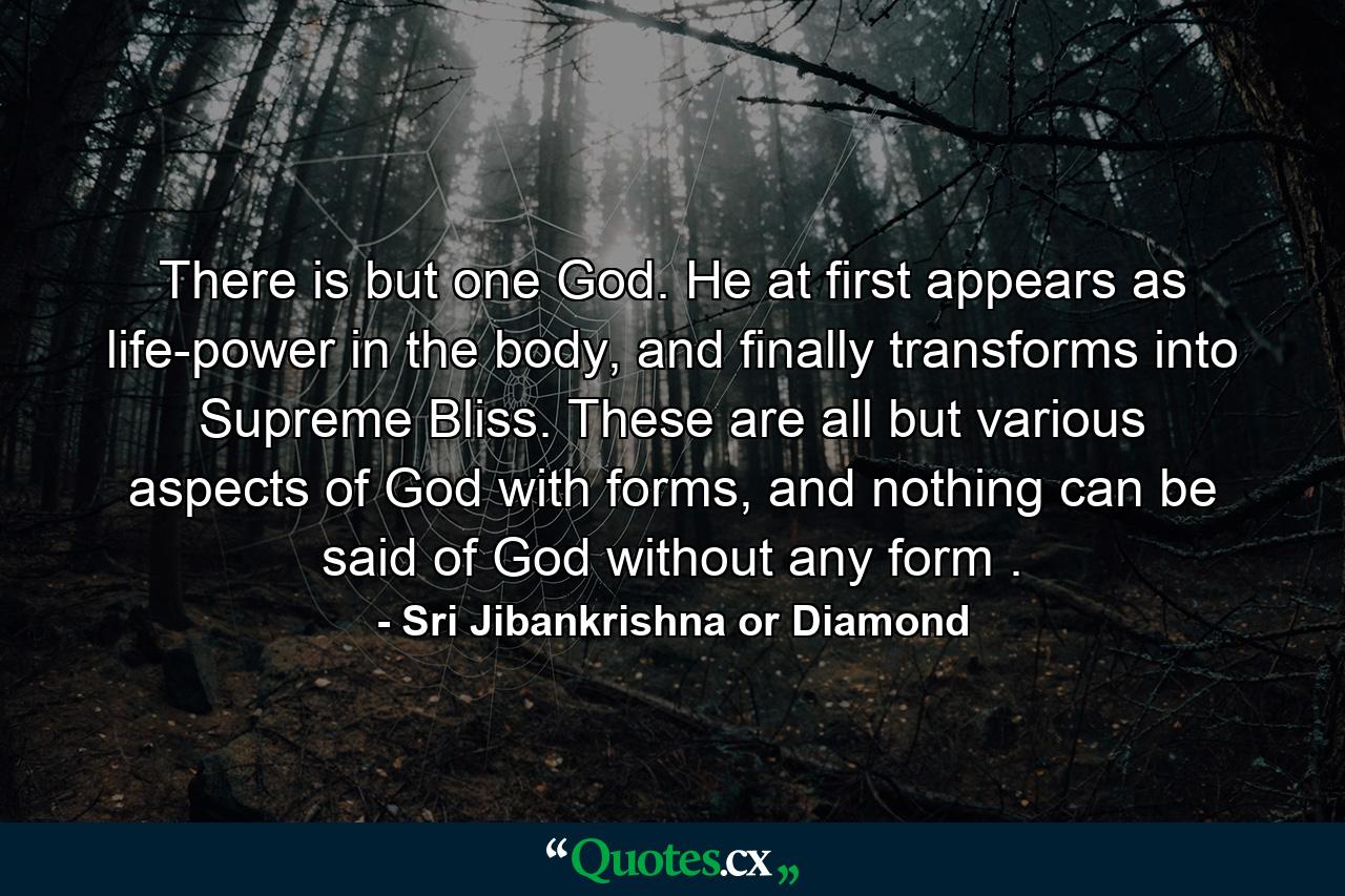 There is but one God. He at first appears as life-power in the body, and finally transforms into Supreme Bliss. These are all but various aspects of God with forms, and nothing can be said of God without any form . - Quote by Sri Jibankrishna or Diamond