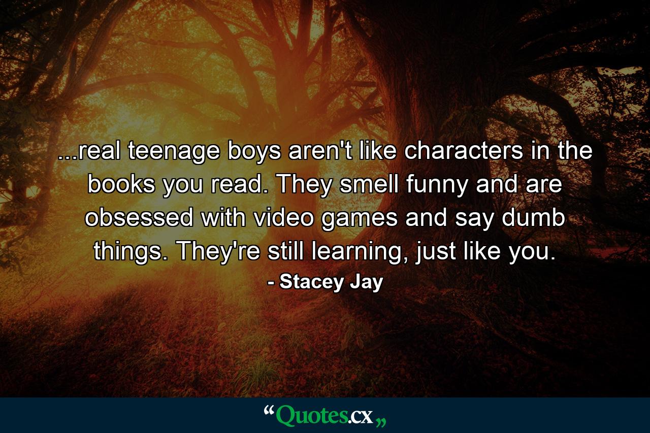 ...real teenage boys aren't like characters in the books you read. They smell funny and are obsessed with video games and say dumb things. They're still learning, just like you. - Quote by Stacey Jay