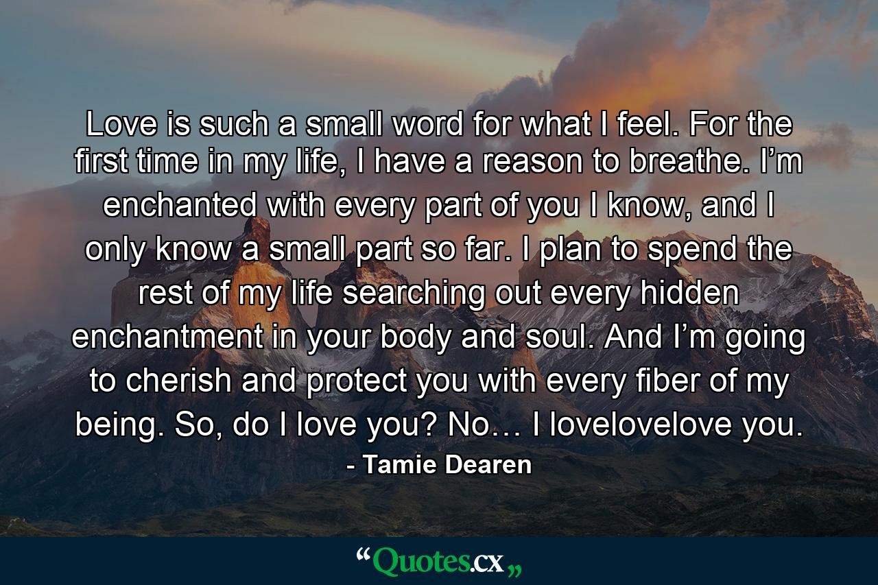 Love is such a small word for what I feel. For the first time in my life, I have a reason to breathe. I’m enchanted with every part of you I know, and I only know a small part so far. I plan to spend the rest of my life searching out every hidden enchantment in your body and soul. And I’m going to cherish and protect you with every fiber of my being. So, do I love you? No… I lovelovelove you. - Quote by Tamie Dearen