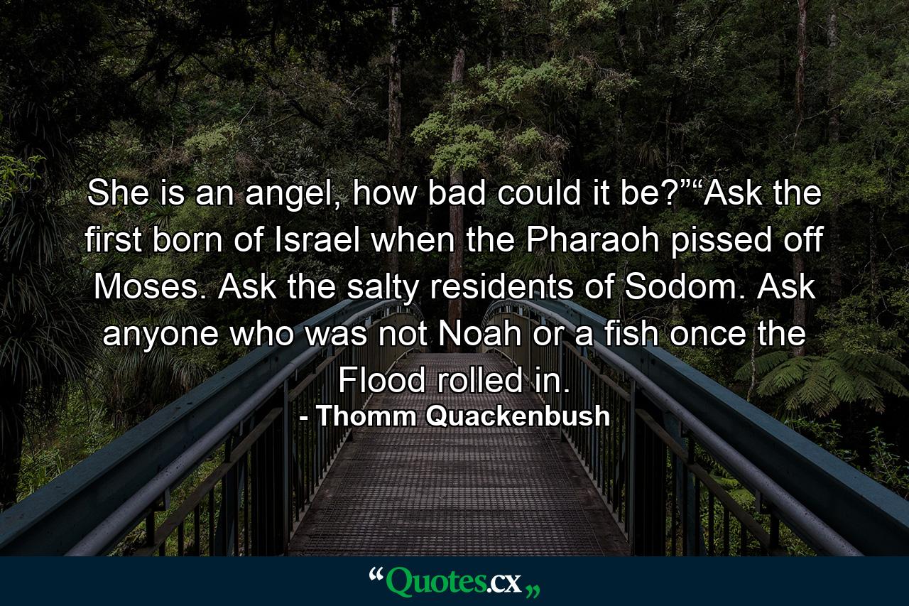 She is an angel, how bad could it be?”“Ask the first born of Israel when the Pharaoh pissed off Moses. Ask the salty residents of Sodom. Ask anyone who was not Noah or a fish once the Flood rolled in. - Quote by Thomm Quackenbush