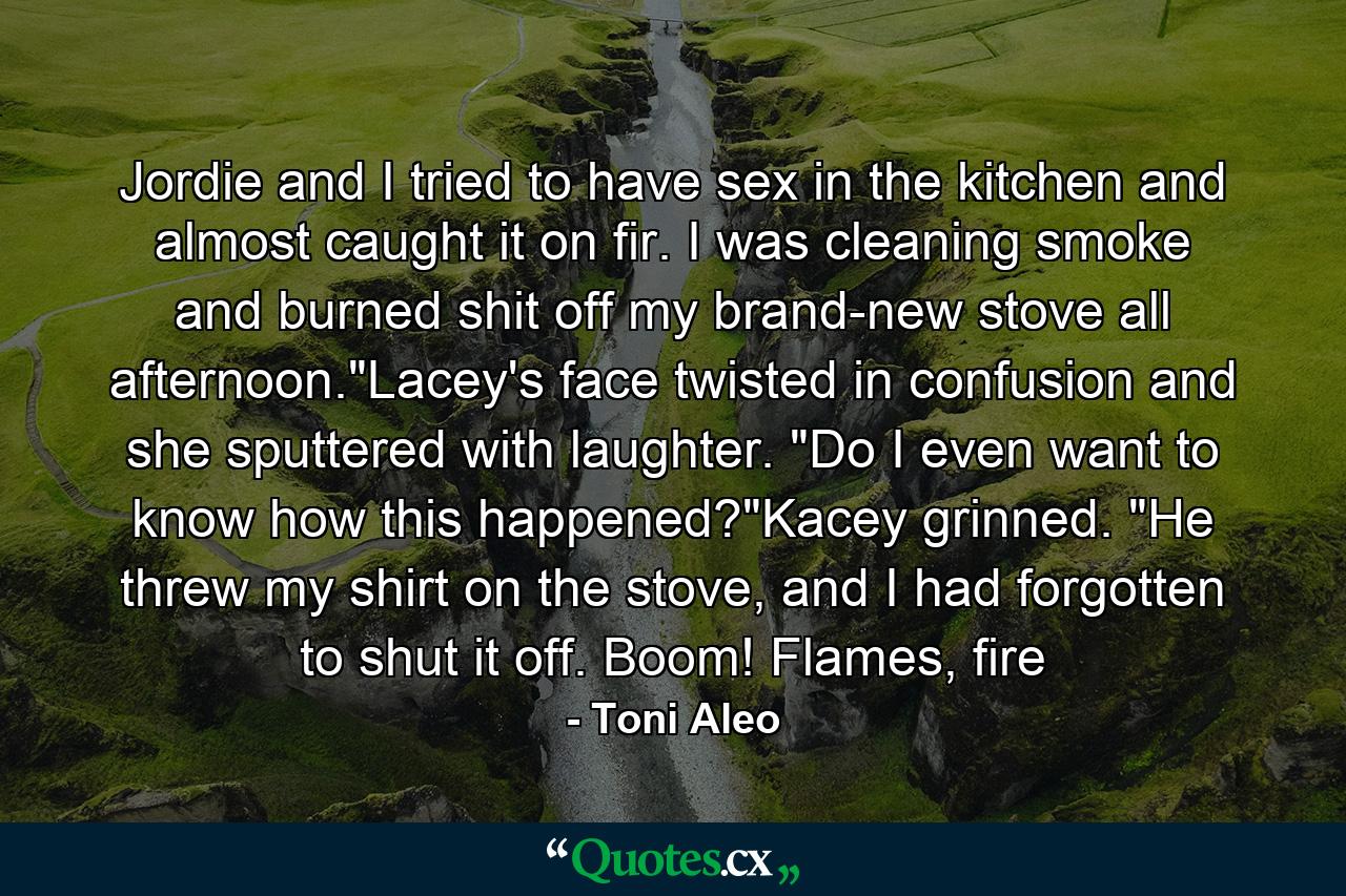 Jordie and I tried to have sex in the kitchen and almost caught it on fir. I was cleaning smoke and burned shit off my brand-new stove all afternoon.