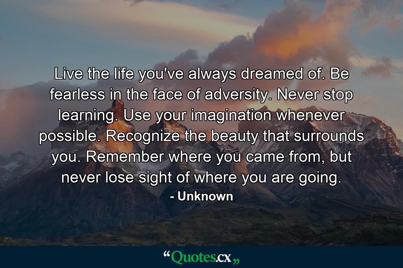 Live the life you've always dreamed of. Be fearless in the face of adversity. Never stop learning. Use your imagination whenever possible. Recognize the beauty that surrounds you. Remember where you came from, but never lose sight of where you are going. - Quote by Unknown