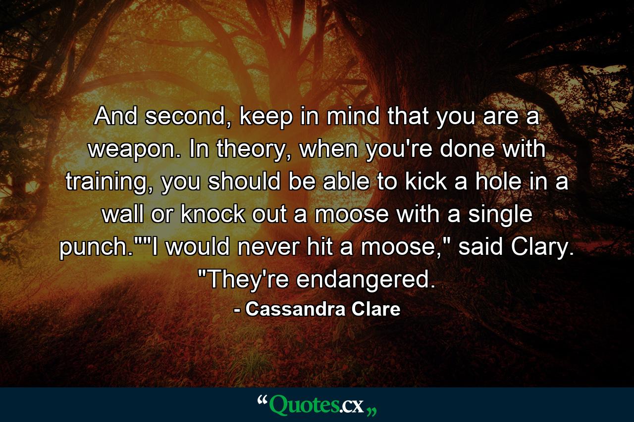 And second, keep in mind that you are a weapon. In theory, when you're done with training, you should be able to kick a hole in a wall or knock out a moose with a single punch.