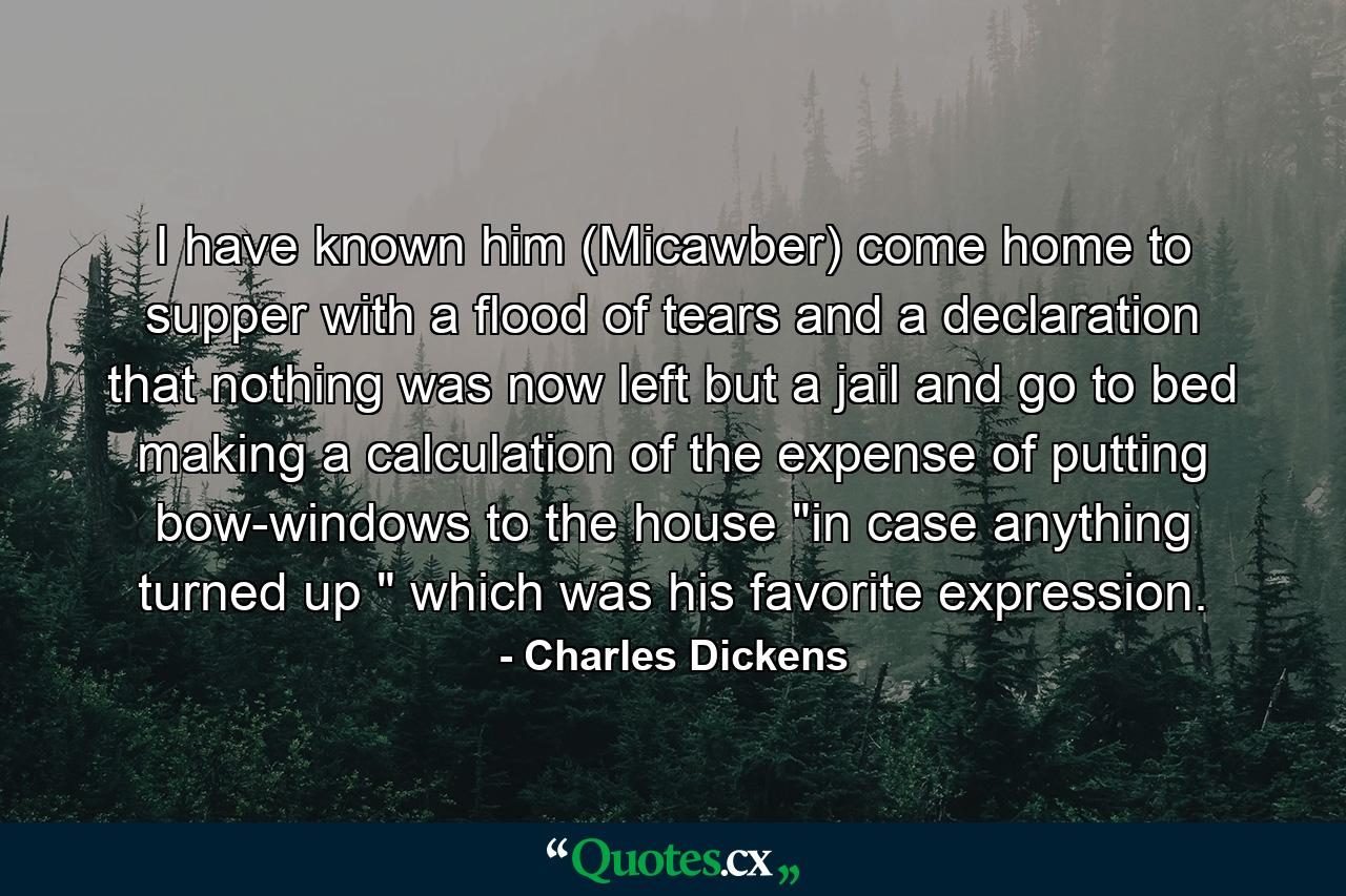 I have known him (Micawber) come home to supper with a flood of tears  and a declaration that nothing was now left but a jail  and go to bed making a calculation of the expense of putting bow-windows to the house  