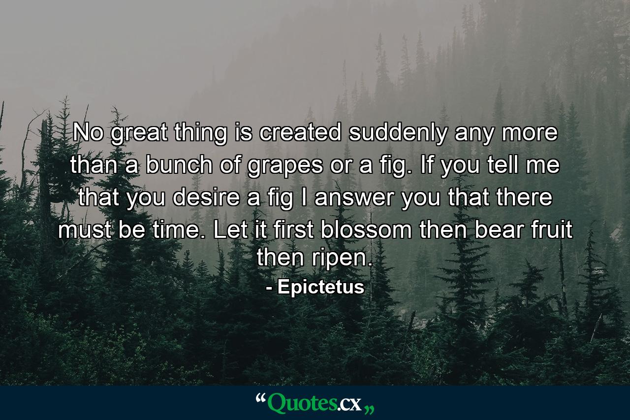 No great thing is created suddenly  any more than a bunch of grapes or a fig. If you tell me that you desire a fig  I answer you that there must be time. Let it first blossom  then bear fruit  then ripen. - Quote by Epictetus