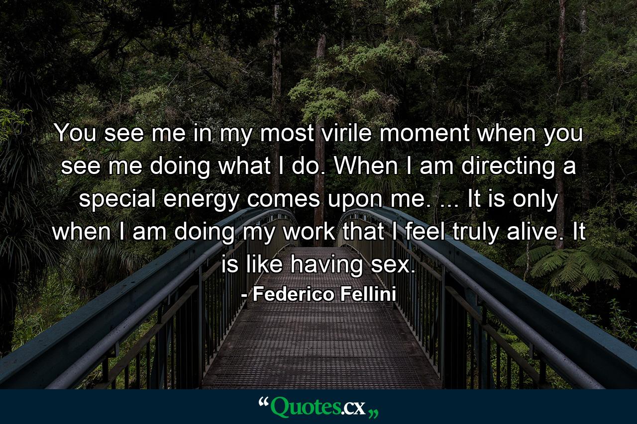 You see me in my most virile moment when you see me doing what I do. When I am directing  a special energy comes upon me. ... It is only when I am doing my work that I feel truly alive. It is like having sex. - Quote by Federico Fellini